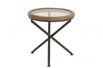 Bout de canapé rond avec plateau en verre et bois D50 - LYRE