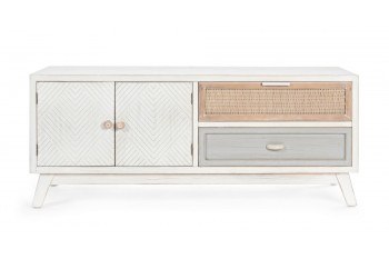 Meuble TV en bois blanc 2 portes 2 tiroirs style bord de mer - BAYA