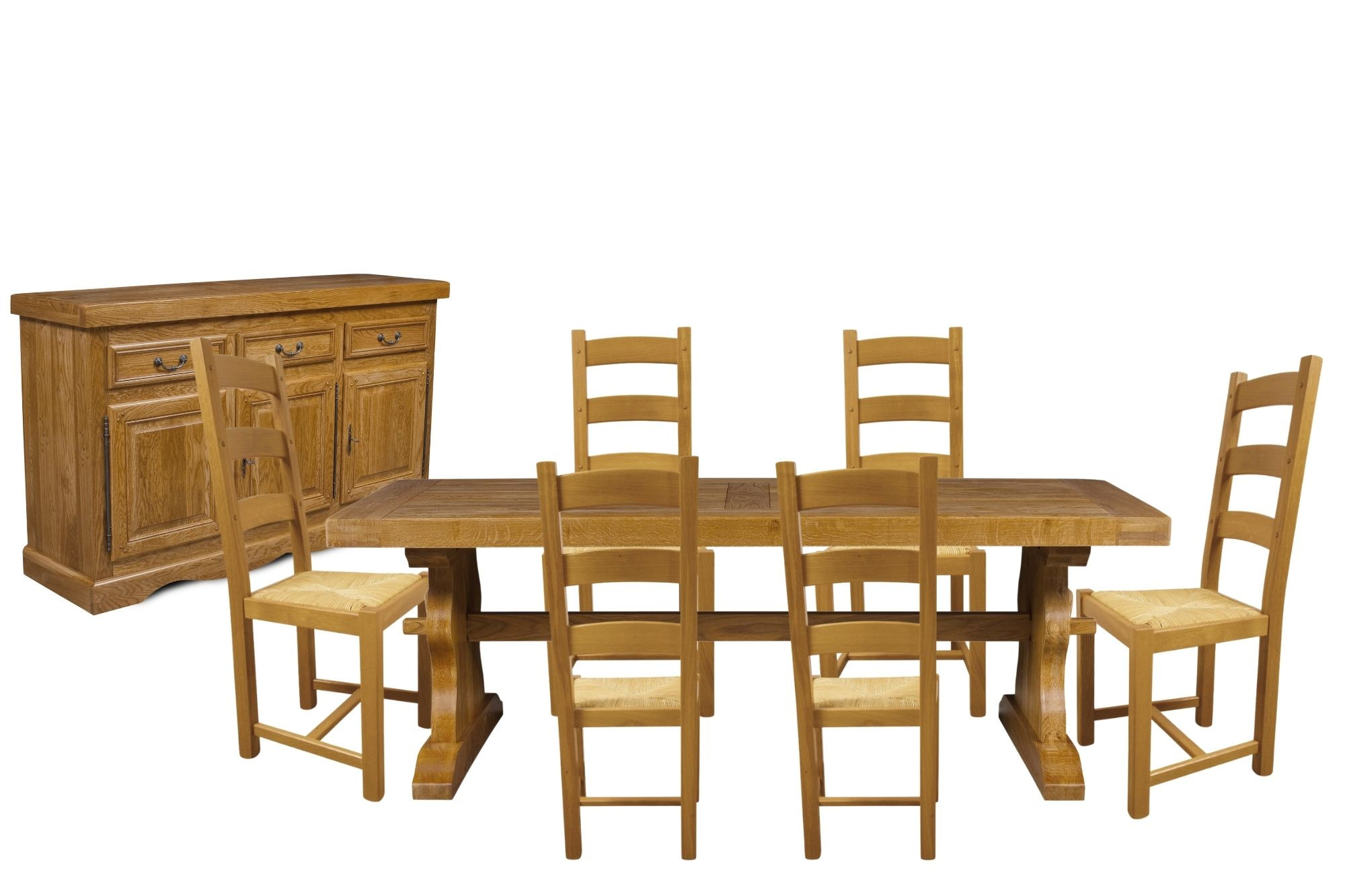 Salle à manger en bois massif : buffet, table et 6 chaises rustiques en chêne