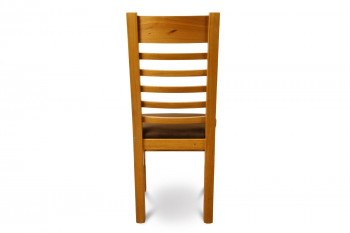 Arrière de la chaise en bois clair avec assise en tissu de coloris chocolat
