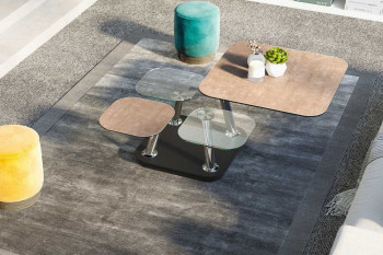 Table basse carrée 4 plateaux en verre et céramique et base chromée - QUALITZ