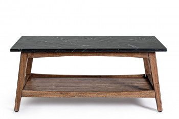 Table basse vintage en marbre noir et acacia avec tablette inférieure