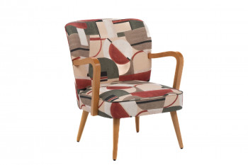 Fauteuil rétro en tissu motifs géométriques et accoudoirs en bois - HONEY