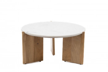 Table de salon ronde en manguier et plateau en marbre