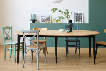 Table ronde 6 pieds fuseau D115 + 3 rallonges bois - VICTORIA