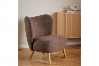 Fauteuil en tissu bouclette marron et pieds en bois - EROS