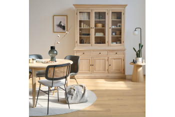 Buffet vaisselier en chêne blanchi 3 portes vitrées 3 tiroirs 3 portes bois - VICTORIA