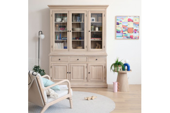 Buffet vaisselier en chêne blanchi 3 portes vitrées 3 tiroirs 3 portes bois - VICTORIA