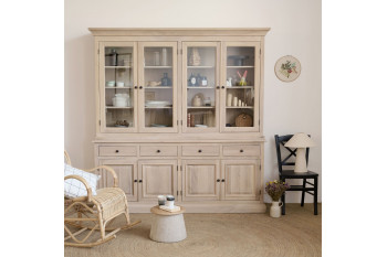 Buffet vaisselier en chêne blanchi 4 portes vitrées 4 tiroirs 4 portes bois - VICTORIA
