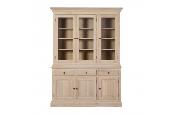 Buffet vaisselier en chêne blanchi 3 portes vitrées 3 tiroirs 3 portes bois - VICTORIA