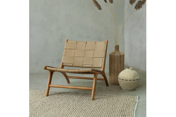 Fauteuil lounge en bois teck et cuir pleine fleur - ROBERT