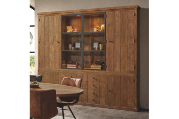 Buffet vaisselier en bois recyclé 4 portes 8 tiroirs éclairage LED - LINAS