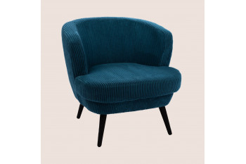 Fauteuil rétro en velours côtelé bleu et piétement noir - DAGOBERT