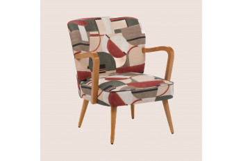 Fauteuil rétro à accoudoirs bois et tissu motifs géométriques - HONEY